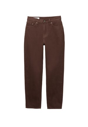 Blugi maro cu croială dreaptă, cu nasture frontal, închidere cu fermoar și design cu cinci buzunare pe fundal alb.