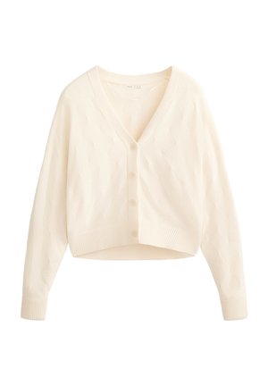 Cream-colored cropped cardigan with a V-neck, diamond pattern, buttons down the front, and ribbed cuffs and hem. Soft textured knit material.
