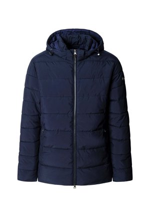 Marineblaue Daunenjacke mit Kapuze. Verfügt über horizontale Steppnähte, einen Frontreißverschluss und zwei Seitentaschen. Hergestellt aus einem glatten, isolierten Material.