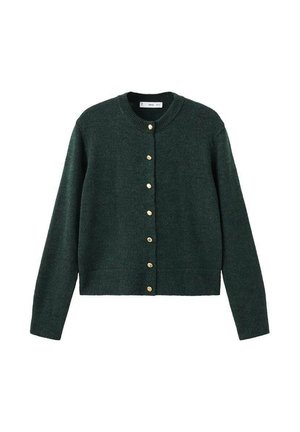 Cardigan verde texturizado con cuello redondo, mangas largas y botones dorados en el frente. Termina a la altura de la cintura con un bajo limpio.