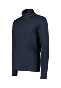 Marineblå langærmet pullover med halv-zip krave, lavet af glat stof. Har et tætsiddende design og flade sømme for komfort.