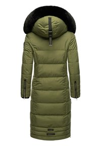 Olive green puffer coat with a removable black fur-lined hood, vertical stitching, side zip pockets, and logo accent on the back.