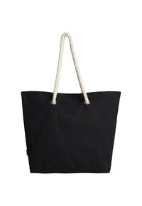 Black canvas tote bag with a rectangular shape, featuring a thick beige rope handle and grommet accents.