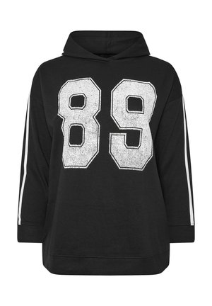 Mustahi musta huppari, jossa on suuri kulunut valkoinen "89" graafinen kuva edessä. Pitkät hihat, joissa on valkoiset raidat sivuilla. Pehmeä kangas.