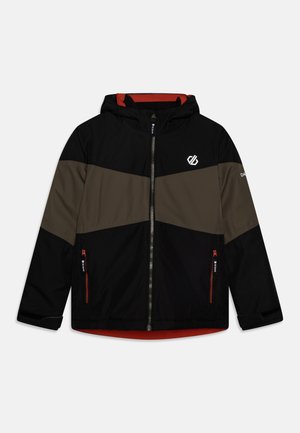 Czarna i oliwkowo-zielona kurtka z kapturem, z przednim zamkiem błyskawicznym, dwoma kieszeniami na zamek i białym logo na piersi i rękawie.