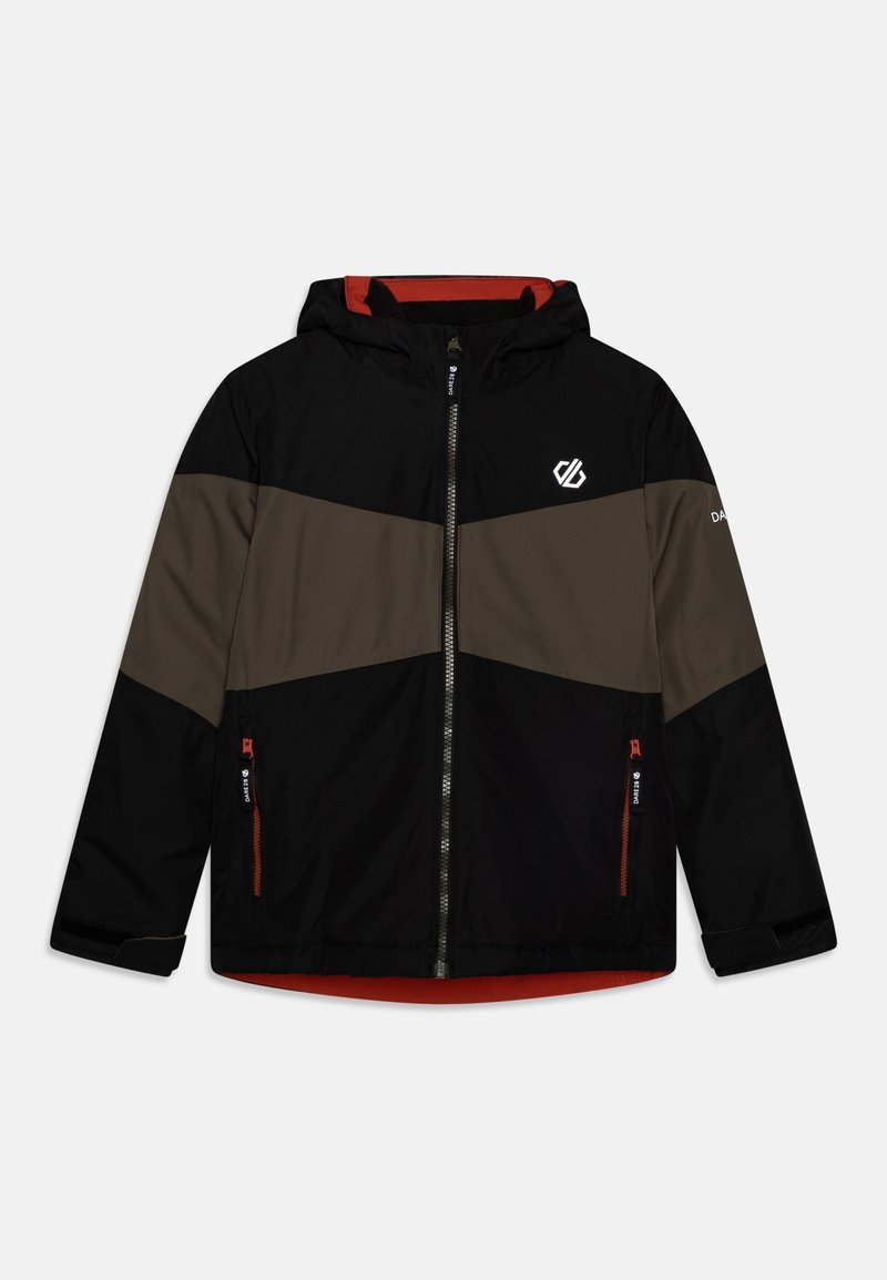 Veste à capuche noire et vert olive avec fermeture éclair à l'avant, deux poches zippées et logo blanc sur la poitrine et la manche.