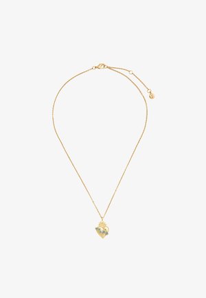 Ogrlica od zlatnog lanca s privjeskom u obliku gorućeg srca, ukrašena malim plavim i bijelim cvjetnim detaljima, vidljivim kopčom i produžnim dijelom lanca za podešavanje duljine.