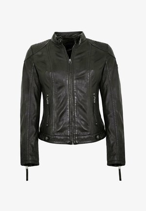 Schwarze Lederjacke mit taillierter Passform, Stehkragen, genähten Schulterakzenten, zwei seitlichen Reißverschlusstaschen und Reißverschlussärmeln.