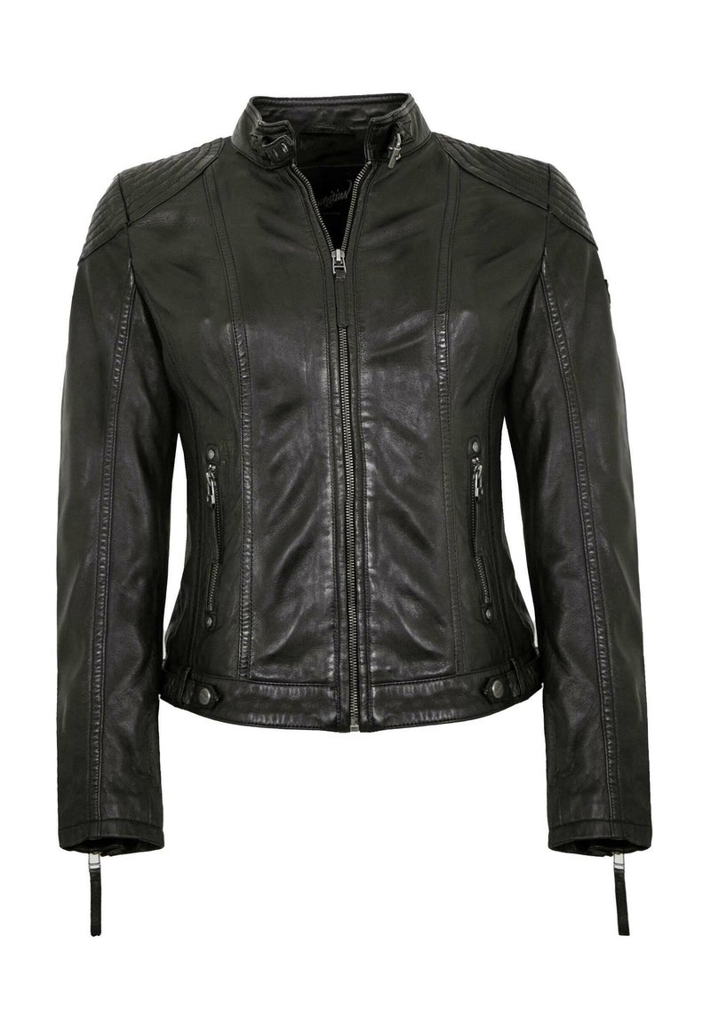 Schwarze Lederjacke mit taillierter Passform, Stehkragen, genähten Schulterakzenten, zwei seitlichen Reißverschlusstaschen und Reißverschlussärmeln.