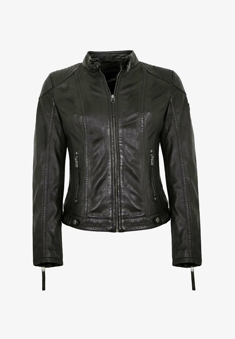 Schwarze Lederjacke mit taillierter Passform, Stehkragen, genähten Schulterakzenten, zwei seitlichen Reißverschlusstaschen und Reißverschlussärmeln.