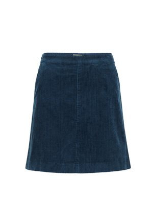 Falda de pana en azul oscuro, con textura acanalada vertical, forma en A y una cintura con cremallera oculta en la parte posterior.