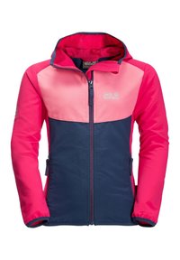Rosa och marinblå vindjacka med dragkedja framtill, huva och sidofickor. Har färgblockering och logo på bröstet.