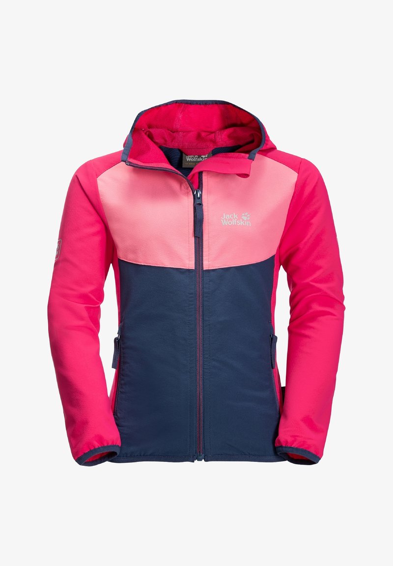 Rosa och marinblå vindjacka med dragkedja framtill, huva och sidofickor. Har färgblockering och logo på bröstet.
