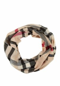 Beige ruutukaavaga igavene sall, millel on mustad ja punased aktsendid, valmistatud pehmest kangast, millel on sile tekstuur ja ringikujuline disain. Brändi silt on nähtav.