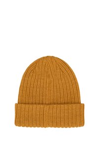 Beanie a coste in giallo ocra. Presenta un risvolto, una texture morbida e un design aderente, adatto per il tempo libero.