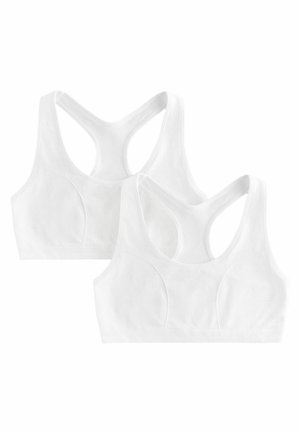To ensfarvede hvide sports-bh'er med racerback-design, lavet af blødt stof, vist på en hvid baggrund.