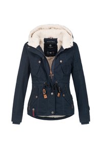 Marineblauwe winterjas met capuchon, gevoerd met witte fleece, met een ritssluiting en knopen aan de voorkant, vier frontzakken en verstelbare taillebanden.