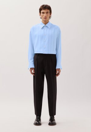 Giovane uomo in piedi, indossa una camicia azzurro chiaro con bottoni e righe verticali, pantaloni neri su misura e scarpe eleganti nere su sfondo neutro.