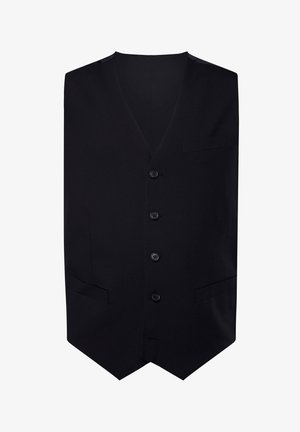 Schwarze Weste aus Stoff mit V-Ausschnitt, sechs Knöpfen und zwei Fronttaschen, mit einer eleganten, glatten Textur.