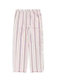 Pantalons en coton ample avec des rayures verticales rouges et bleues sur fond blanc. Ourlets effilochés et taille élastique. Disponibles en plusieurs tailles.