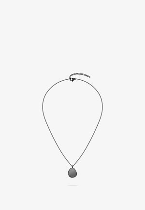 Black metal necklace featuring a smooth, teardrop-shaped pendant suspended from a delicate chain with an adjustable clasp.