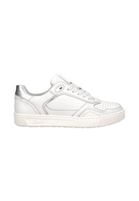 Weiße Leder-Sneaker mit silbernen Akzenten, runder Zehenpartie, perforierten Details und Schnürung. Flache Gummisohle mit strukturiertem Muster.