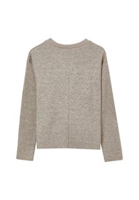 Beige langärmliger Strickpullover mit Rundhalsausschnitt und zentralem Rückennahtdetail, flach auf weißem Hintergrund präsentiert.