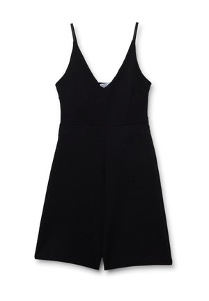 Mono sin mangas negro con un escote en V profundo, tejido texturizado, cintura ajustada y pantalones cortos amplios. Diseño sencillo sin adornos visibles.