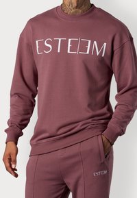 Felpa color marrone scuro con collo rotondo, con la scritta "ESTEEM" in lettere bianche a blocchi. Materiale morbido, polsini e orlo a coste.