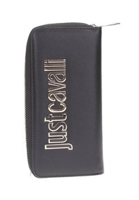 Portafoglio nero con zip a tutto tondo, superficie testurizzata e logo metallico "Just Cavalli" sul davanti.