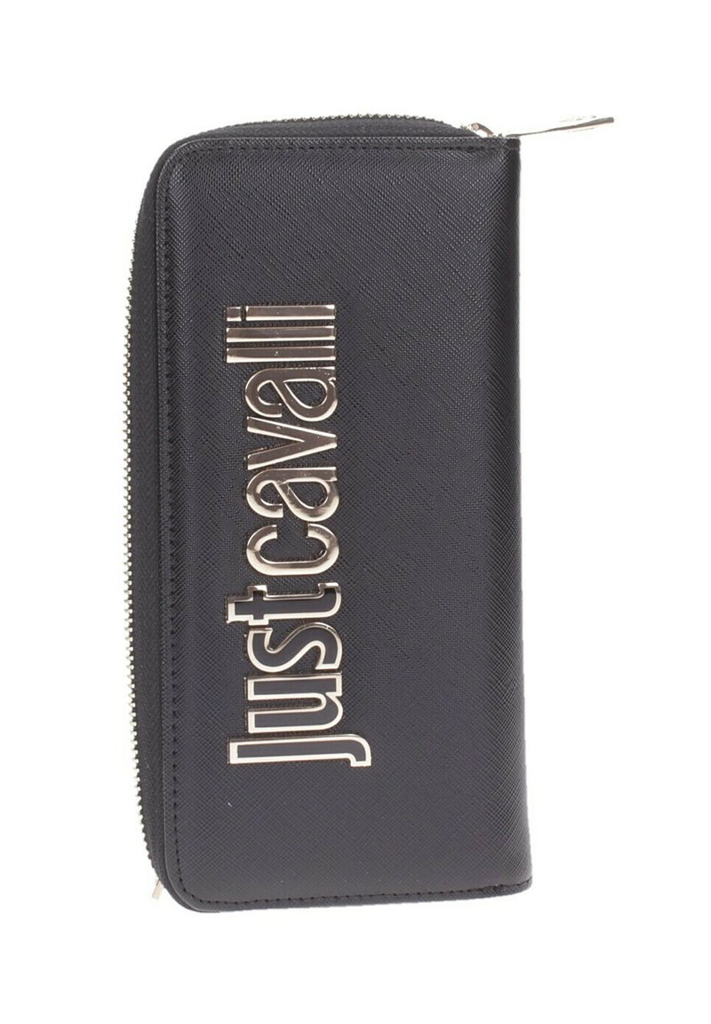 Portafoglio nero con zip a tutto tondo, superficie testurizzata e logo metallico "Just Cavalli" sul davanti.