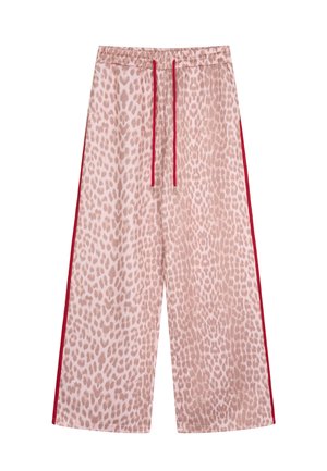 Hose mit weitem Bein, pinkem Leopardenmuster, roten Seitenstreifen, elastischem Bündchen und roten Kordelzügen.