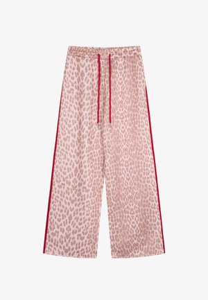 Hose mit weitem Bein, pinkem Leopardenmuster, roten Seitenstreifen, elastischem Bündchen und roten Kordelzügen.