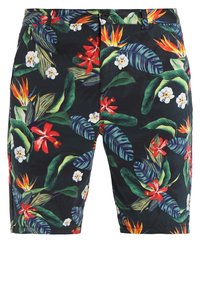Pantaloni corti neri con vivaci motivi floreali tropicali nei colori rosso, bianco e verde. Realizzati in tessuto morbido, con vita media e chiusura anteriore con bottone.