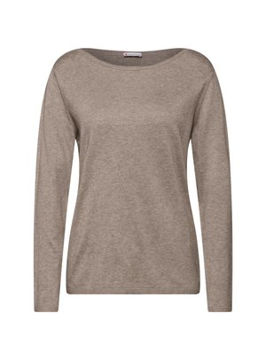 Maglione a maniche lunghe di colore taupe chiaro, realizzato in morbido tessuto a maglia con scollo a barca e orlo a coste semplice. Senza motivi o decorazioni.