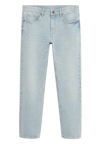 Pantalones vaqueros de mezclilla azul claro con corte recto, cinco bolsillos y cierre de botón. Presenta un lavado desvanecido y una textura sutil.