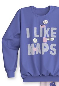 Lila Sweatshirt mit dem grafischen Text "I LIKE NAPS" in Weiß, mit Cartoon-Charakteren. Rippbündchen und Saum, weiche Textur.