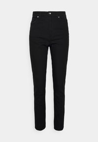 Jeans pretos feitos de uma mistura de algodão, com um corte slim, design de cinco bolsos e fecho frontal por botão. Textura suave com costura discreta.