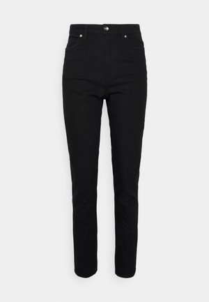 Jeans pretos feitos de uma mistura de algodão, com um corte slim, design de cinco bolsos e fecho frontal por botão. Textura suave com costura discreta.
