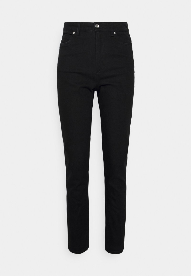 Jeans pretos feitos de uma mistura de algodão, com um corte slim, design de cinco bolsos e fecho frontal por botão. Textura suave com costura discreta.
