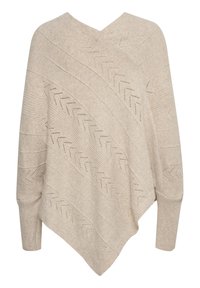 Beige gebreide poncho met een V-hals, voorzien van diagonale ribpatronen en open stiksels. Zachte textuur en gedrapeerd ontwerp met lange mouwen.