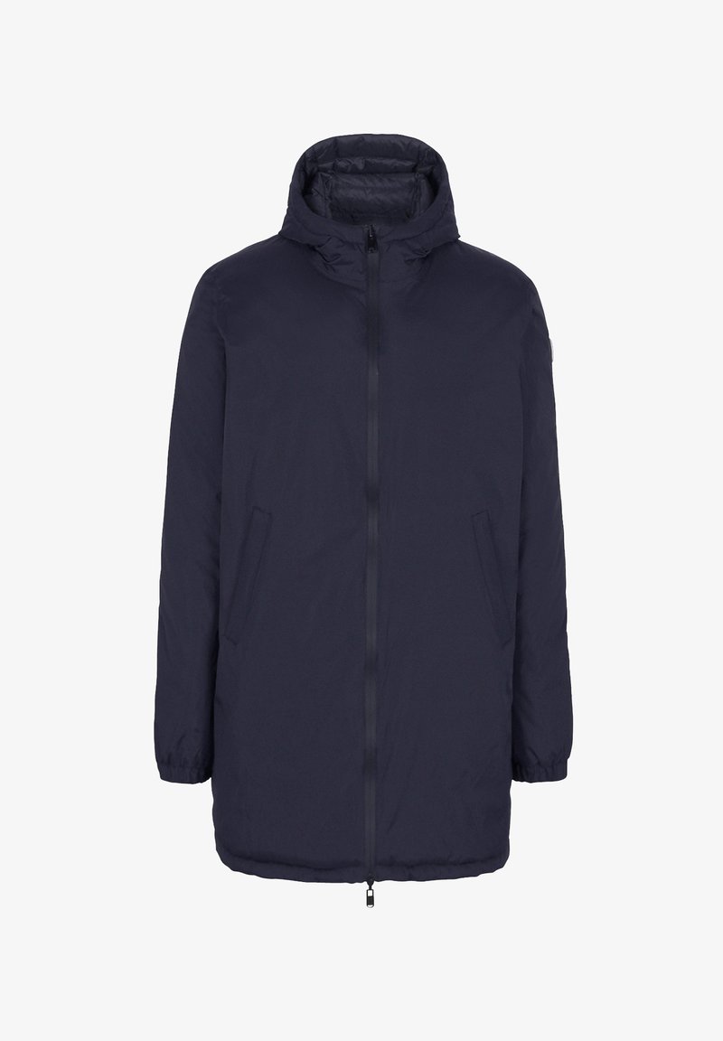 Donkerblauwe jack met capuchon, volledig met rits, twee zijzakken en elastische manchetten. Beschikt over een lichte, gladde textuur en een minimalistisch ontwerp.
