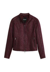 Burgundy faux leather jacket with a stand collar, front zip, and two zippered side pockets. Features seaming details and fitted silhouette.