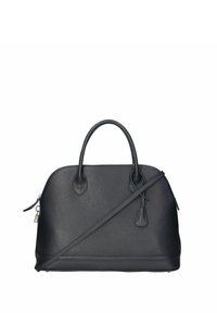 Zwarte leren handtas met een afgeronde vorm, dubbele handvatten aan de bovenkant en een afneembare schouderband. Gestructureerd oppervlak en subtiele hardware-details.