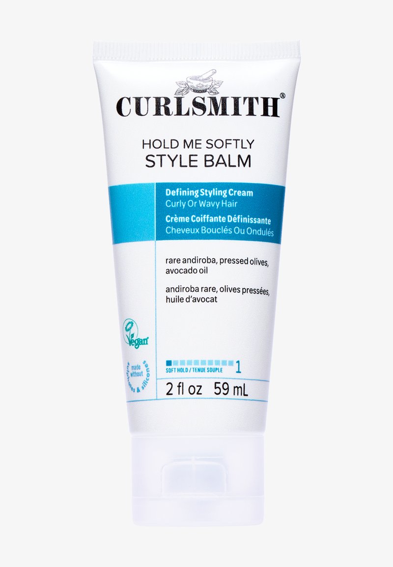 Curlsmith Hold Me Softly Style Balm for curly or wavy hair, 2 fl oz, soft hold cream with andiroba, pressed olives, and avocado oil.