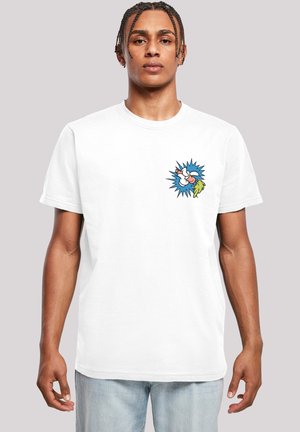 Hvid bomulds T-shirt med rund hals og korte ærmer. Bemærkelsesværdigt grafisk print på brystet med klare blå, grønne og pink akcenter.