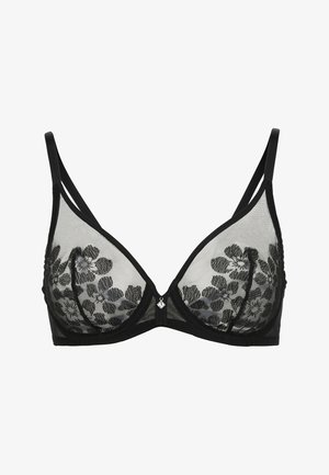 Sostenitore in pizzo nero con pannelli trasparenti, motivo floreale, coppe triangolari, spalline regolabili e un embellishment centrale.