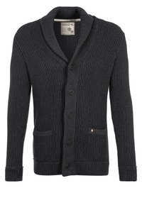 Stickad mörkgrå cardigan med sjalkrage, ribbad textur, sex knappar och två framfickor. Har en liten logotypaccent.