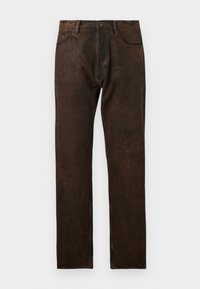 Brune denimjeans med en lett slitt tekstur, rett ben-design, fem lommer, og knappelukking i midjen.