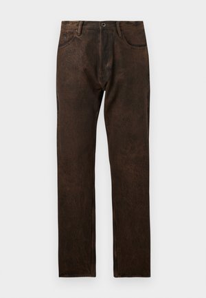 Brown denim jeans with a slightly distressed texture, straight leg design, five pockets, and a button closure at the waist.
